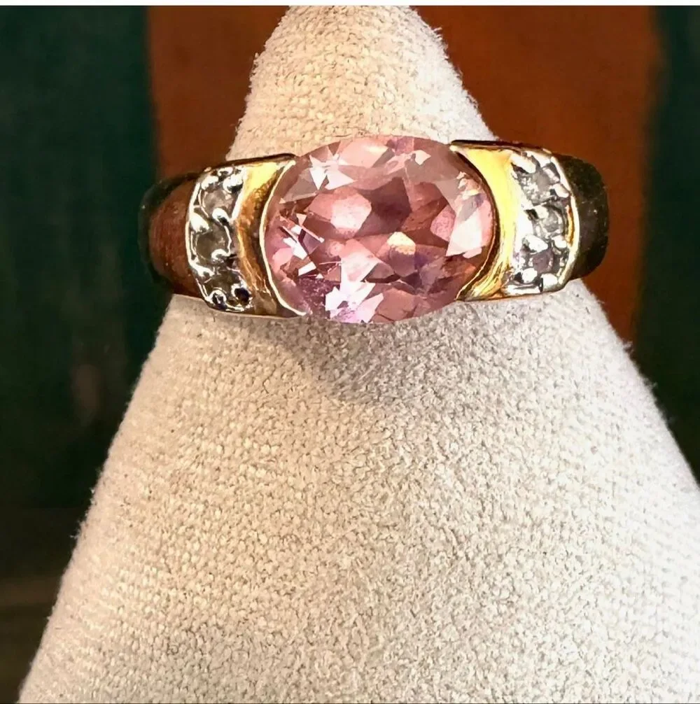 Gold Tone Pink Oval Statement Ring with Clear Accent Stones